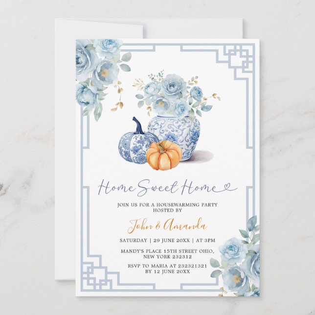 Invitation Home Sweet Home Citrouille Blue Peony Chinoiserie  (Devant)