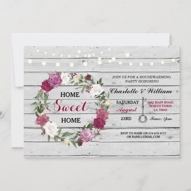 Invitation Home Sweet Home Housechauffe Floral Rustic Invitat (Devant)