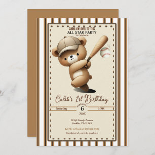 Invitation Homerun Hitter Stripe Bear 1er anniversaire