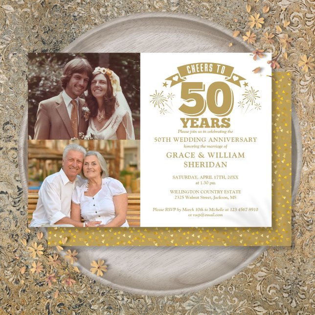 Invitation Hommage Au 50ème Anniversaire Mariage 2 Photo (Cheers To 50th Wedding Anniversary 2 Photo Invitation)
