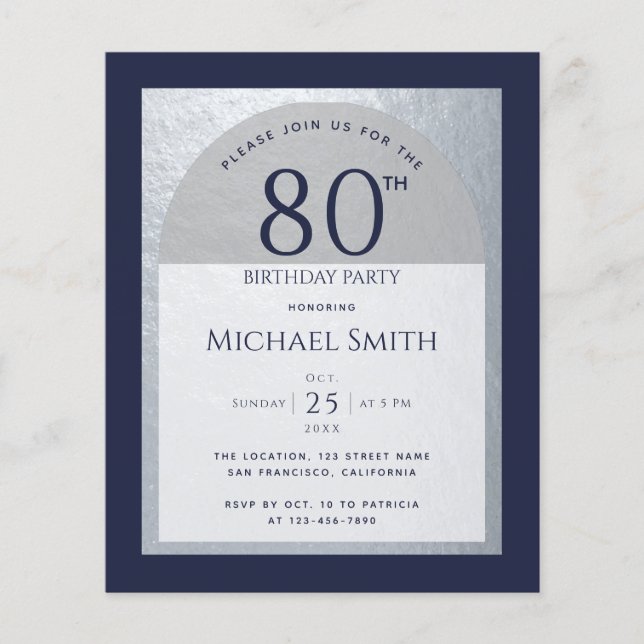 Invitation homme 80 ans budget bleu marine argent (Devant)