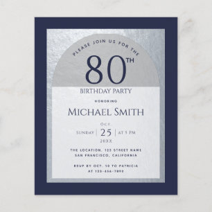 Invitation homme 80 ans budget bleu marine argent
