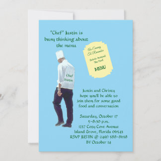 Invitation Homme avec chapeau et veste de chef planifiant le 
