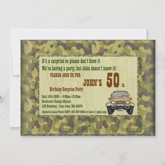 Invitation Homme d'anniversaire, homme de fête, chasseur, tou (Devant)