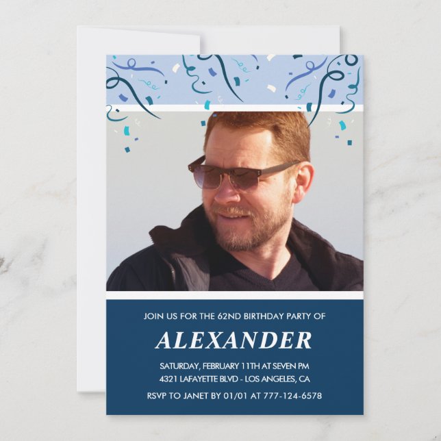 Invitation Homme photo bleu marine moderne 62e anniversaire (Devant)