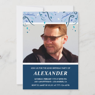Invitation Homme photo bleu marine moderne 62e anniversaire
