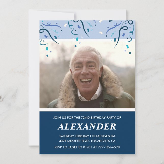Invitation Homme photo bleu marine moderne 72e anniversaire (Devant)