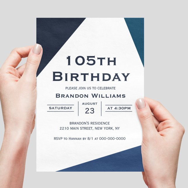 Invitation Hommes 105e anniversaire bleu géométrique 105 ans (Men 105th Birthday Blue Geometric 105 Years Invitation
)