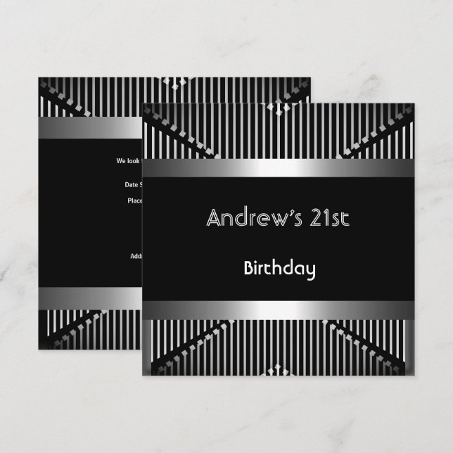 Invitation Homme's 21st Birthday Party Argent Black Metal Jew (Devant / Derrière)