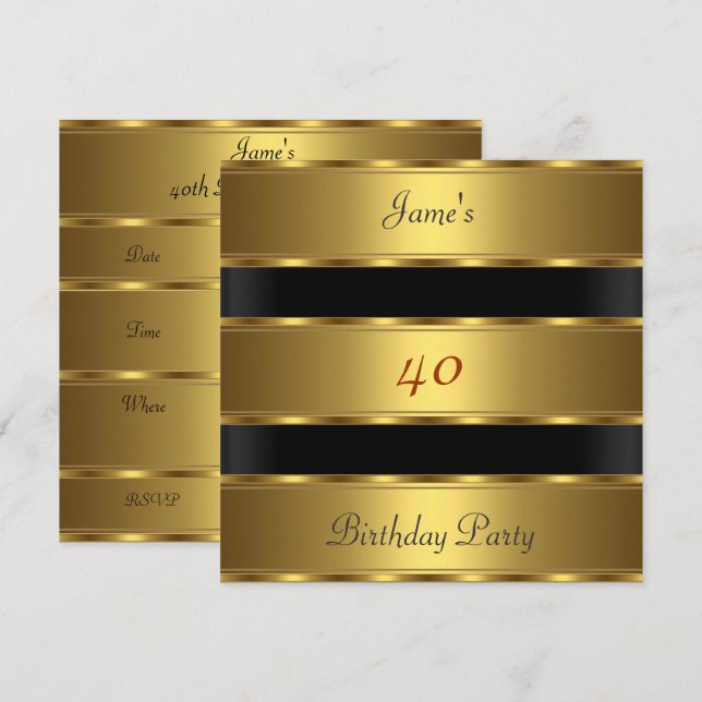 Invitation Hommes 40e anniversaire de fête Gold Noir (Devant / Derrière)