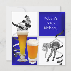 Invitation Hommes 50e Anniversaire Bleu Check Retro Girl Beer
