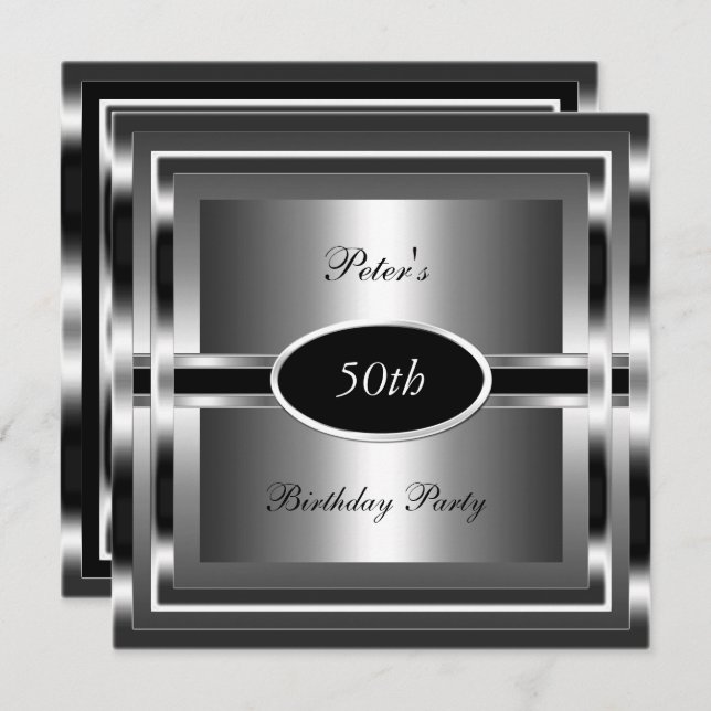 Invitation Hommes 50e fête d'anniversaire Black Silver (Devant / Derrière)
