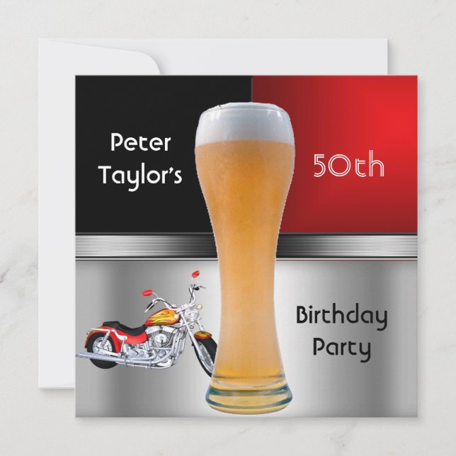 Invitation Hommes 70e fête d'anniversaire Bière Rouge Motorbi (Devant)