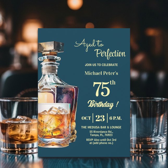 Invitation Hommes 75 ans Whiskey Anniversaire Vieilli à la pe (Créateur téléchargé)