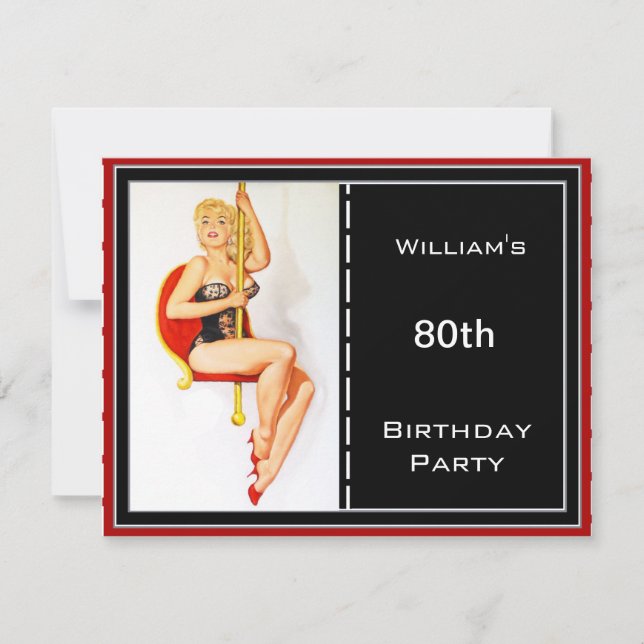 Invitation Hommes 80e fête d'anniversaire Rouge Black Pin up (Devant)