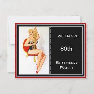 Invitation Hommes 80e fête d'anniversaire Rouge Black Pin up