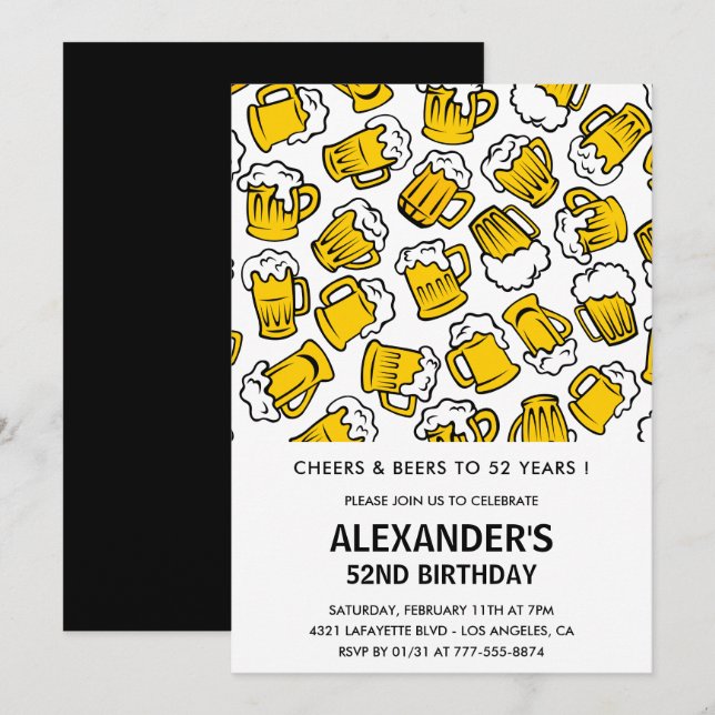 Invitation Hommes Adultes Cheers and Beers 52e anniversaire (Devant / Derrière)