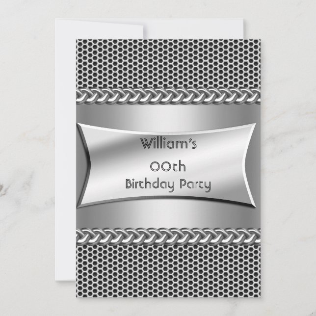 Invitation Hommes Anniversaire Fête Argent Metal Look Chrome (Devant)