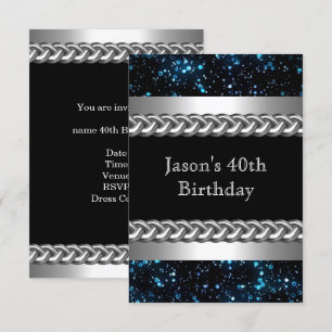 Invitation Hommes Anniversaire Fête Bleu Métal Chrome Image A