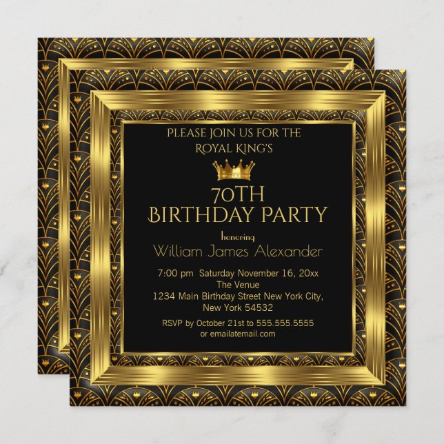 Invitation Hommes Anniversaire Photo Crown Gold Art Déco (Devant / Derrière)