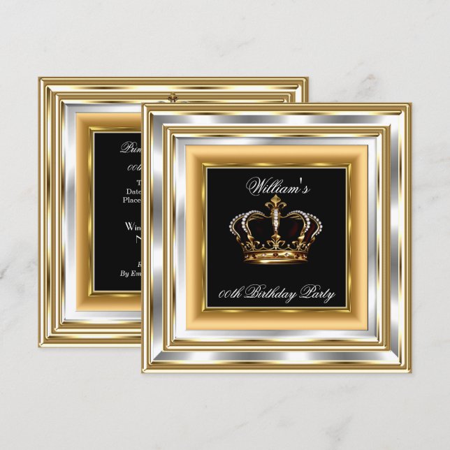 Invitation Hommes Black Gold Argent Anniversaire Prince King  (Devant / Derrière)