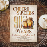 Invitation Hommes Cheers & Beers Funny 90e anniversaire<br><div class="desc">Célébrez le grand 9-0 avec style et humour avec ce design vintage d'anniversaire de bière. La typographie dorée est élégante et évoque un verre de bière cool, lui conférant une atmosphère rétro vintage classique. Parfait pour l'homme (ou la femme !) dans votre vie qui aime leurs lagers, les bières et...</div>