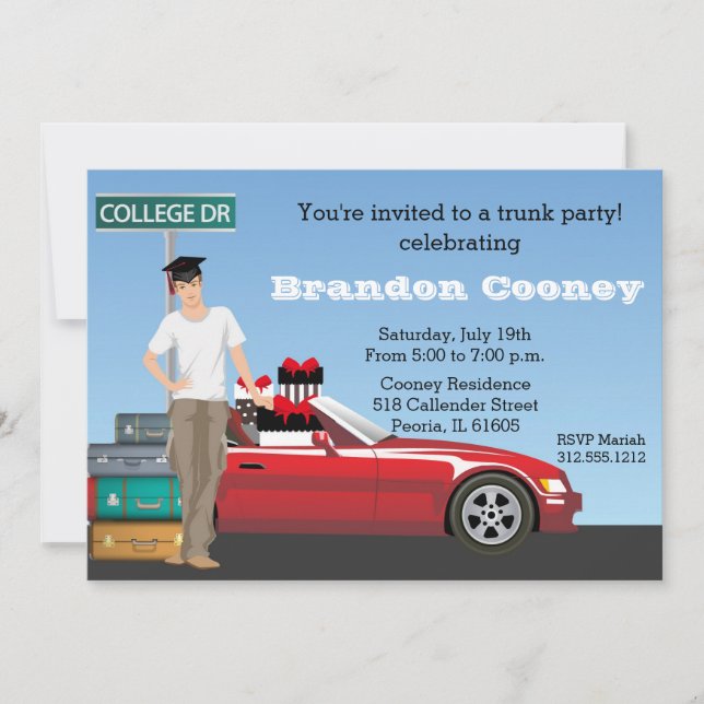 Invitation Hommes College Trunk Party Graduation Départ (Devant)