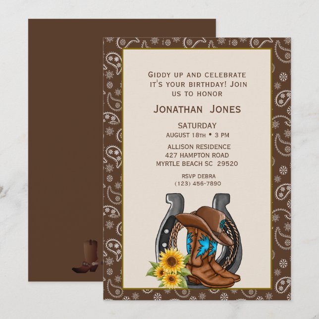 Invitation Hommes Cowboy Boots Horseshoe Anniversaire Invitat (Devant / Derrière)