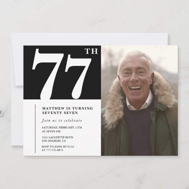 Invitation Hommes noir et blanc 77e anniversaire (Devant)