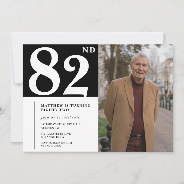 Invitation Hommes noir et blanc 82e anniversaire (Devant)