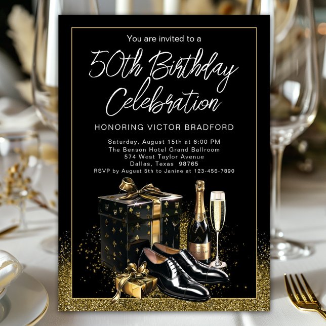 Invitation Hommes Noir Or Sophistiqué Haut Niveau Anniversair (Men's classy any number birthday and event invitation with black and gold festive theme. )