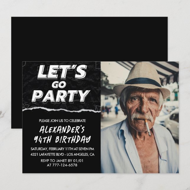 Invitation Hommes Noirs Photo ALLEZ FAIRE LA FÊTE 94e anniver (Devant / Derrière)