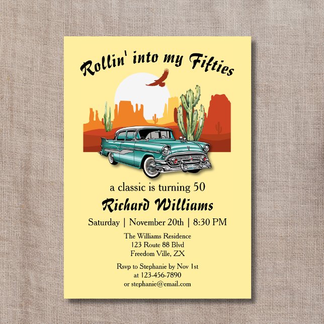 Invitation Hommes Retro Classic Blue Car Desert 50e anniversa (Créateur téléchargé)