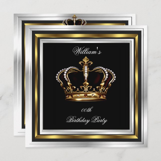Invitation Hommes's Elegant Black Silver Birthday Crown (Devant / Derrière)