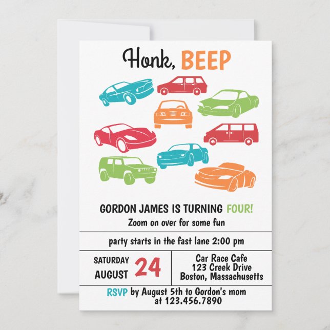 Invitation Honer Beep Automobile/Voitures Fête d'anniversaire (Devant)
