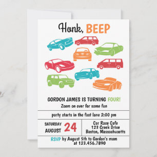 Invitation Honer Beep Automobile/Voitures Fête d'anniversaire