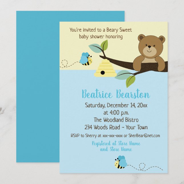 Invitation Honey Bear et Boy Bumble Bee Baby shower Invitatio (Devant / Derrière)