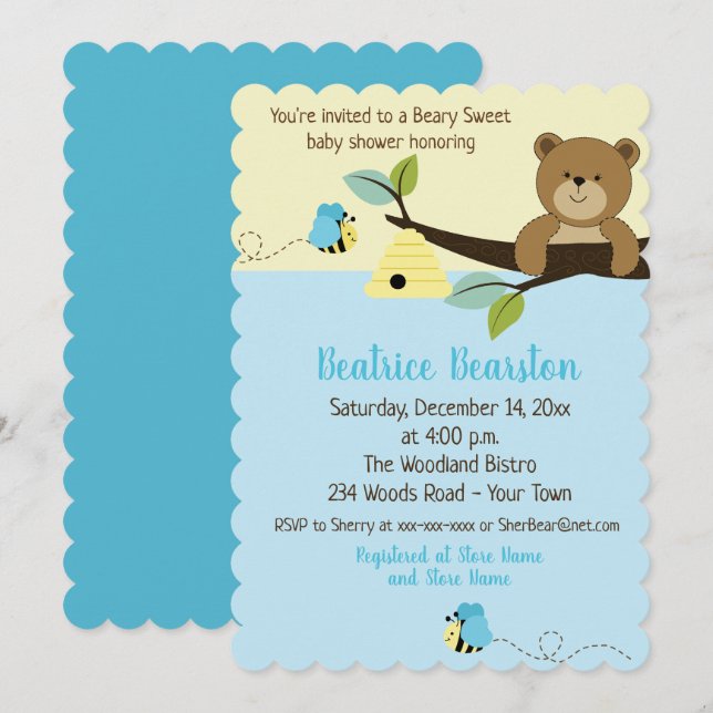 Invitation Honey Bear et Boy Bumble Bee Baby shower Invitatio (Devant / Derrière)