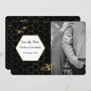 Invitation Honey Bee Black Gold Photo personnalisée Enregistr