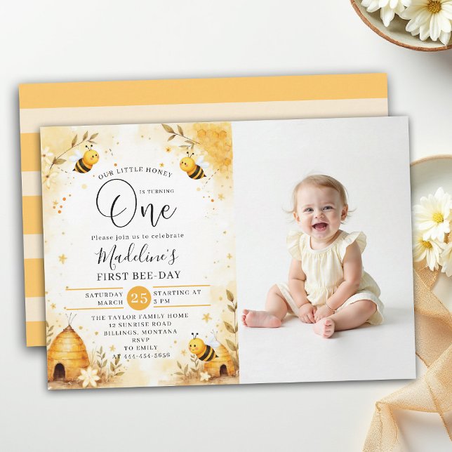 Invitation Honey Bee-Day Watercolor Cute Photo 1st Birthday (little honey bee one first birthday party photo invitation floral watercolor summer modern)