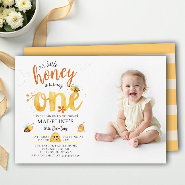 Invitation Honey Bee-Day Whimsical Cute Photo 1st Birthday (little honey bee one first birthday photo invitation wildflowers watercolor summer whimsical)