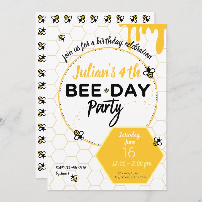 Invitation Honey Bee, Little Bee, Bee Day Birthday Party (Devant / Derrière)