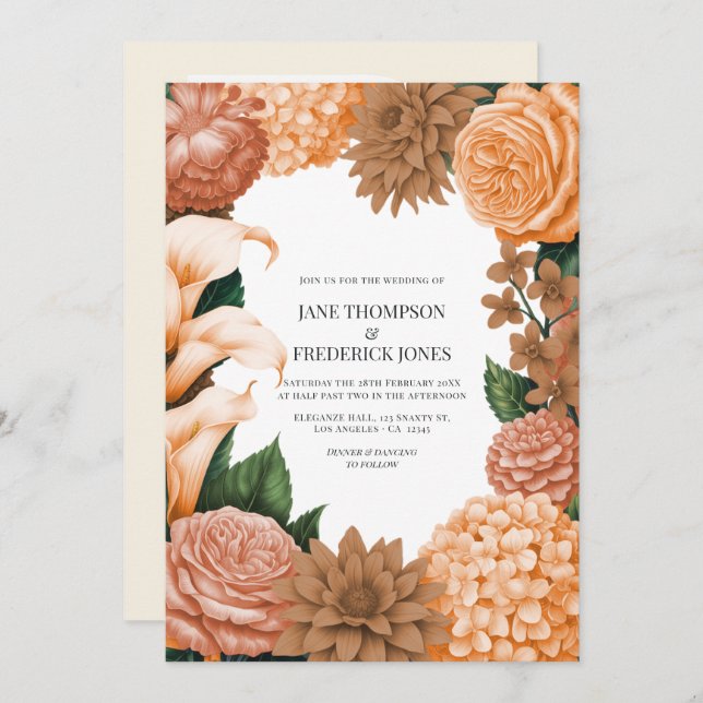 Invitation Honey Rose, Apricot Fleur & Toffee Bloom Wedding (Devant / Derrière)
