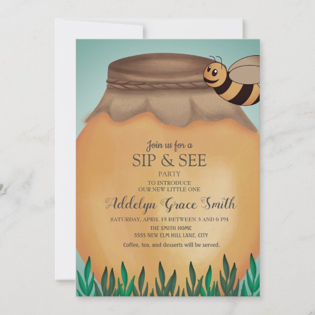 Invitation Honeybee et pot de miel Sip See Baby Shower (Devant)