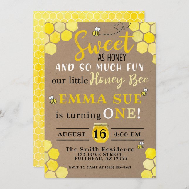 Invitation Honeypeb Bumble Bee 1er anniversaire (Devant / Derrière)