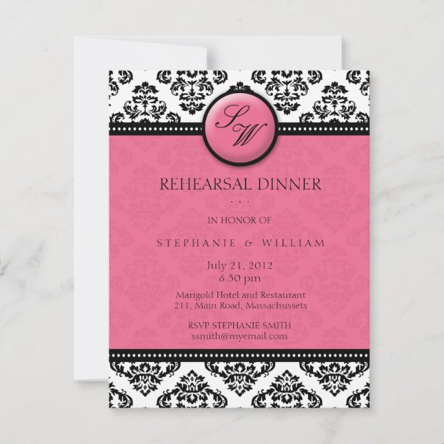 Invitation Honeysucké Damask Monogram Rehearsal Dinner Card (Devant)