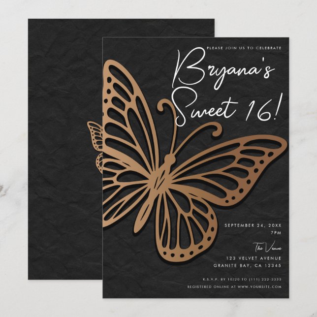 Invitation Honeywind Brun Noir Boho Papillon Sweet 16  (Devant / Derrière)