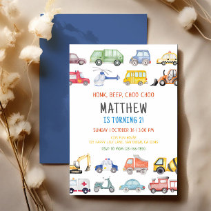 Invitation Honk Bip Tchou Tchou Train Camions Voitures Annive