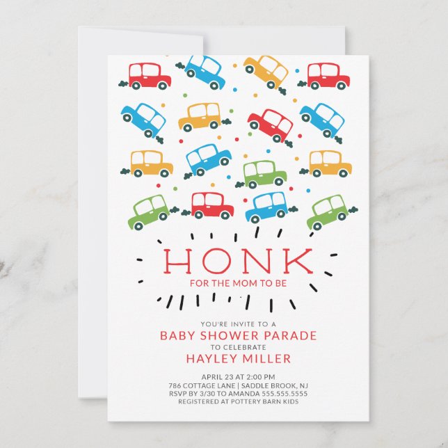 Invitation HONK ! Conduite Par Voitures Baby shower Invitatio (Devant)
