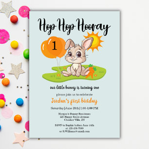 Invitation Hop Hop Hooray mignonne Un lapin 1er anniversaire